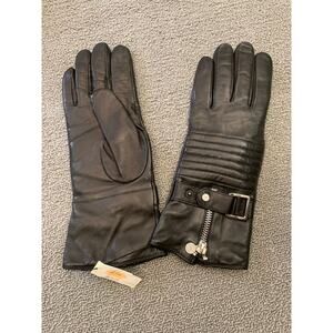 Carolina Amato Women Large Black Lamb Skin Cashmere Lining Biker Gloves